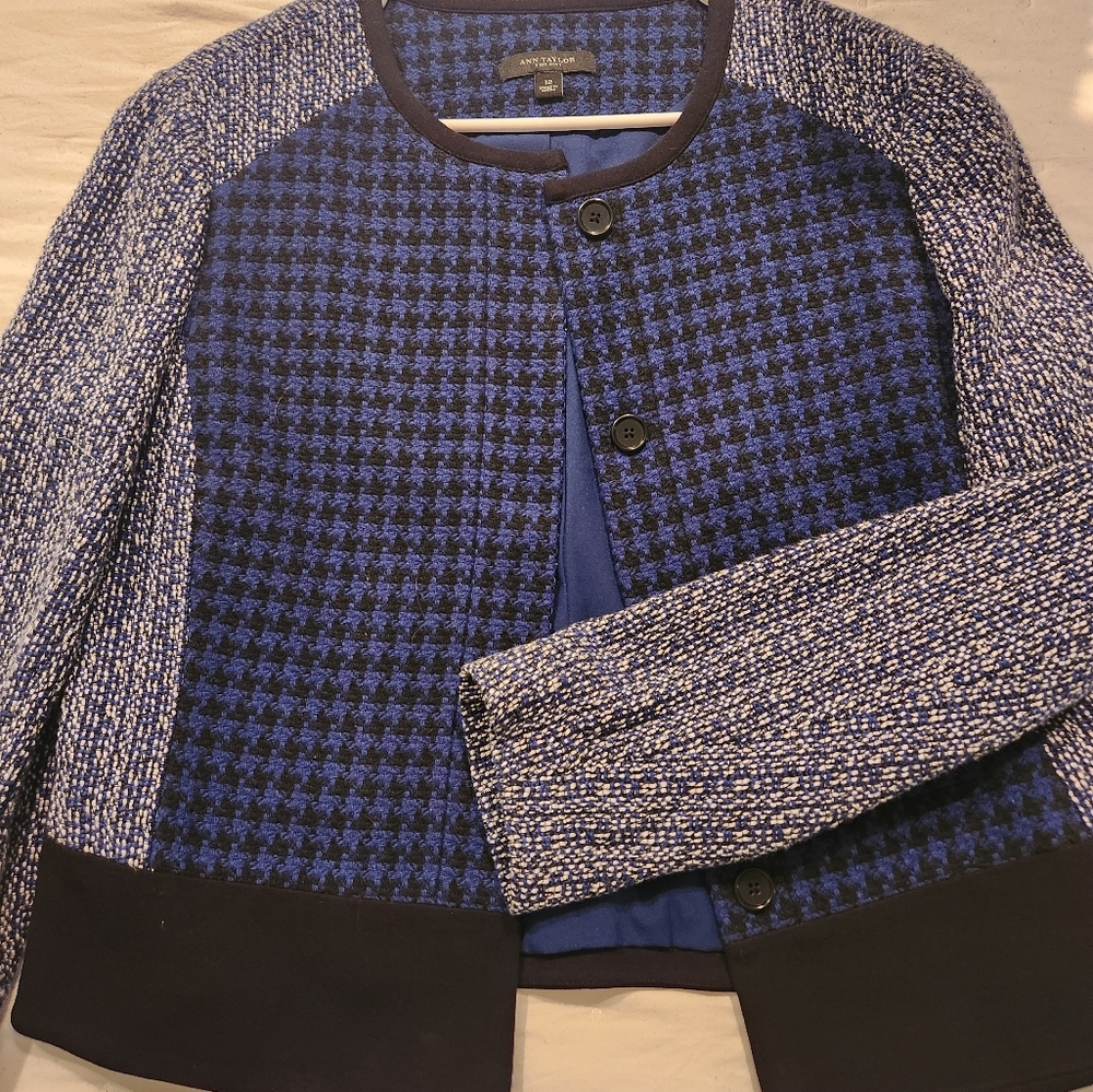 Ann Taylor Tweed Wool Blazer Jacket Blazer Work Wear 12 Blue And Black